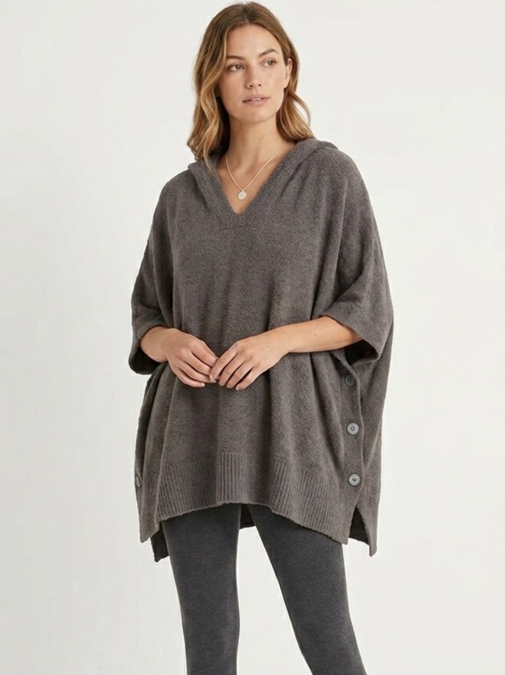 Barefoot Dreams Gray Hooded Button-Side Poncho OS CozyChic Lite Loungewear Cozy